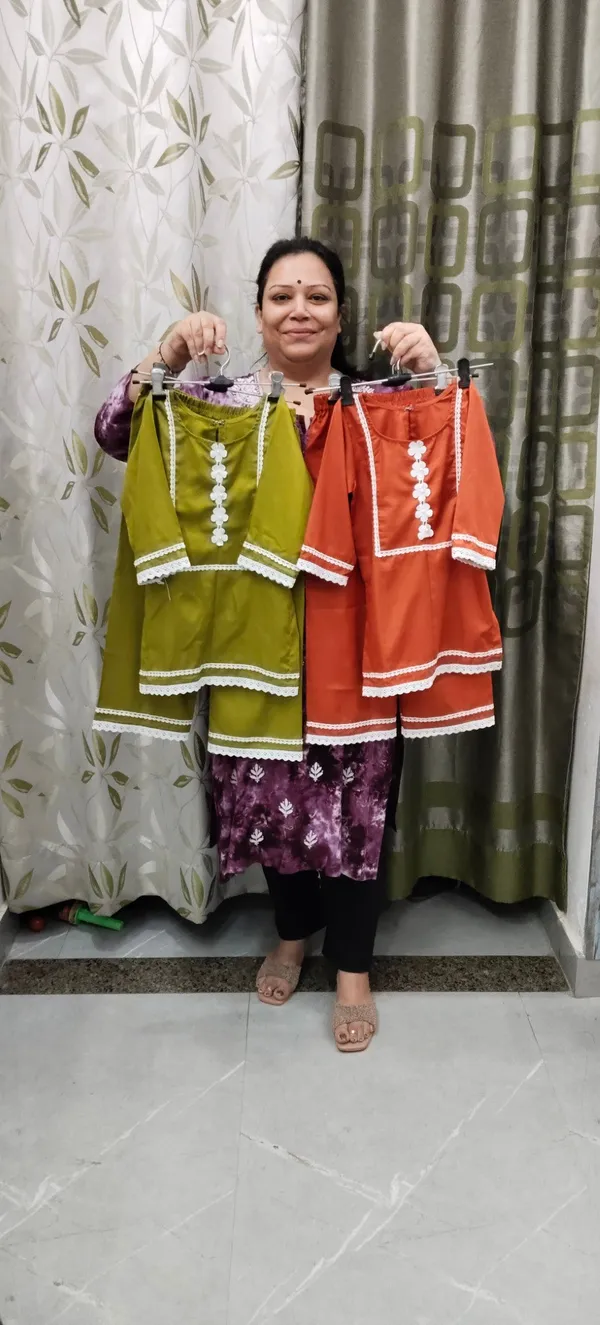 Green_Orange_Rayon_Chikan_Floral_Co-Ord_Set_For_Kids