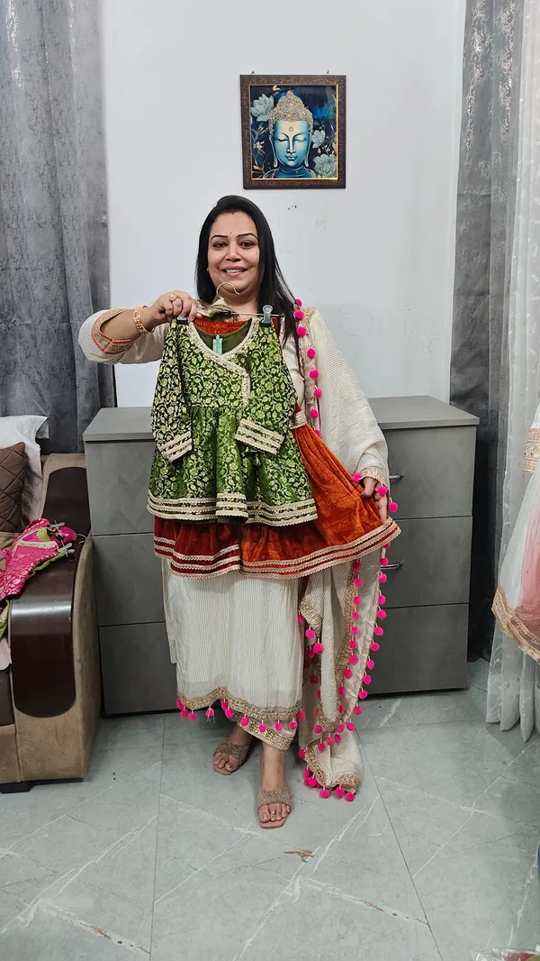 Banarasi_Peplum_With_Velvet_Garara_Green_N_Rust