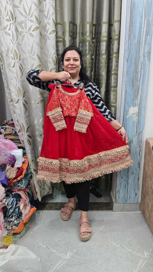 Cherry_Red_Silk_Lace_Work_Lehenga_Set_For_Kids