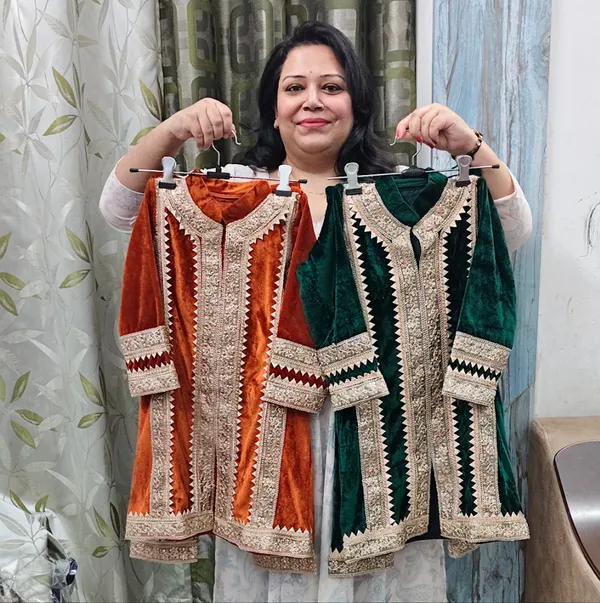 Orange_Green_Velvet_Handwork_Embellished_Co-Ord_Set_For_Kids