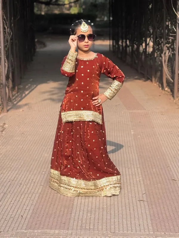 Dark_Brown_Silk_Embroidered_Lehenga_Set_For_Kids