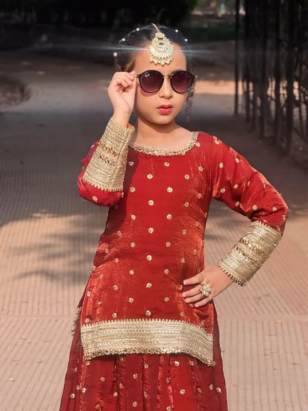 Rust_Silk_Embroidered_Lehenga_Dress_For_Kids