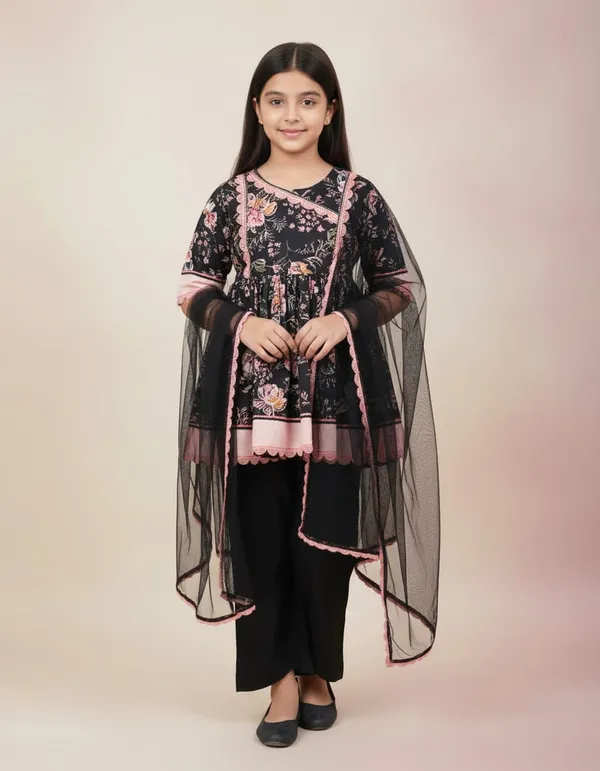 Green_Cotton_Frock_Style_Chikan_Lace_Tulip_Set_For_Kids