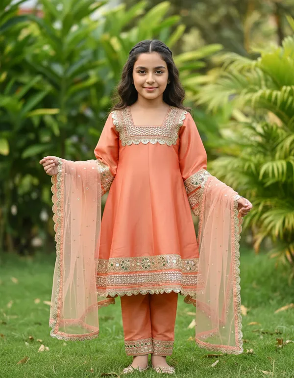Coral_Banarasi_Silk_Mirror_Work_Suit_Set_For_Kids