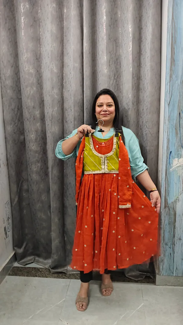 Orange_Silk_Embroidered_Detachable_Jacket_Dress_For_Kids