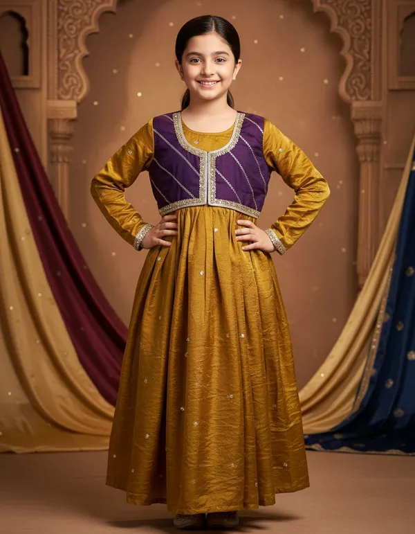 Mustard_Satin_Silk_Embroidered_Detachable_Jacket_Dress_For_Kids