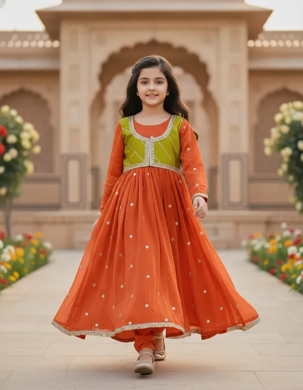 Orange_Silk_Embroidered_Detachable_Jacket_Dress_For_Kids