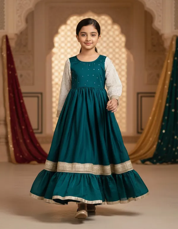 Peacock_Green_Satin_Silk_Frill_One-Piece_Dress_For_Kids