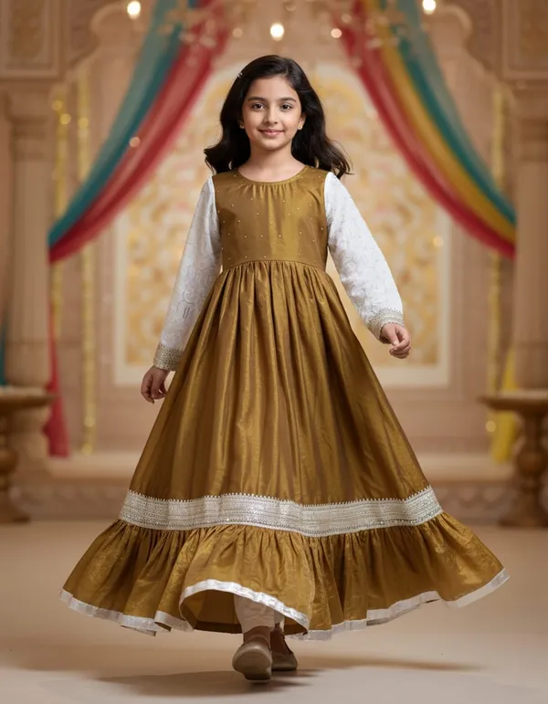 Mehndi_Green_Satin_Silk_Frill_One-Piece_Dress_For_Kids