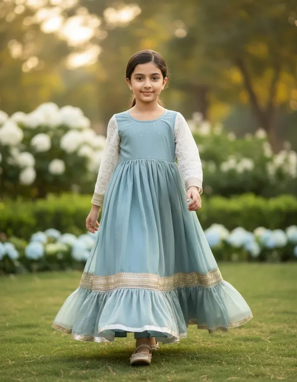 Sea_Blue_Satin_Silk_Frill_One-Piece_Dress_For_Kids