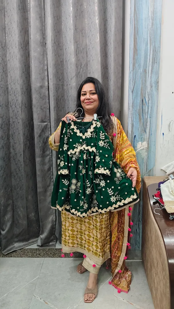 Bottle_Green_Vichitra_Silk_Embroidered_Peplum_Garara_Set_For_Kids