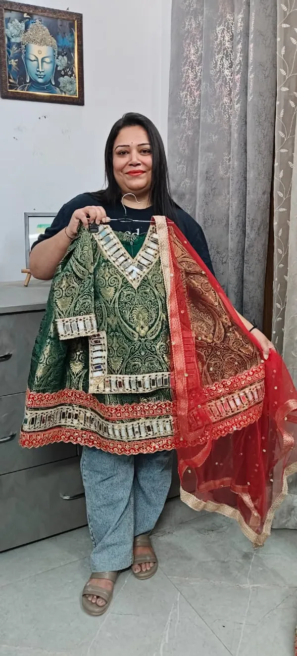 Green_Jamawar_Mirror_Cutwork_Lehenga_Set_For_Kids