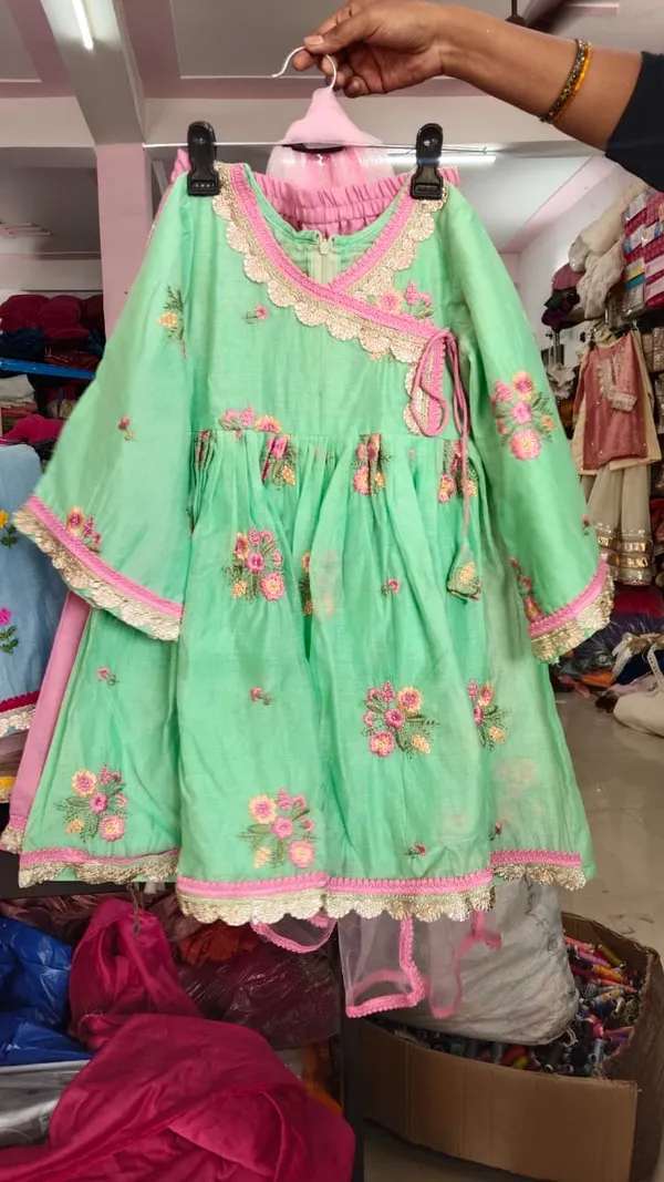 Green_Pink_Mal_Cotton_Angrakha_Embroidered_Dress_For_Kids