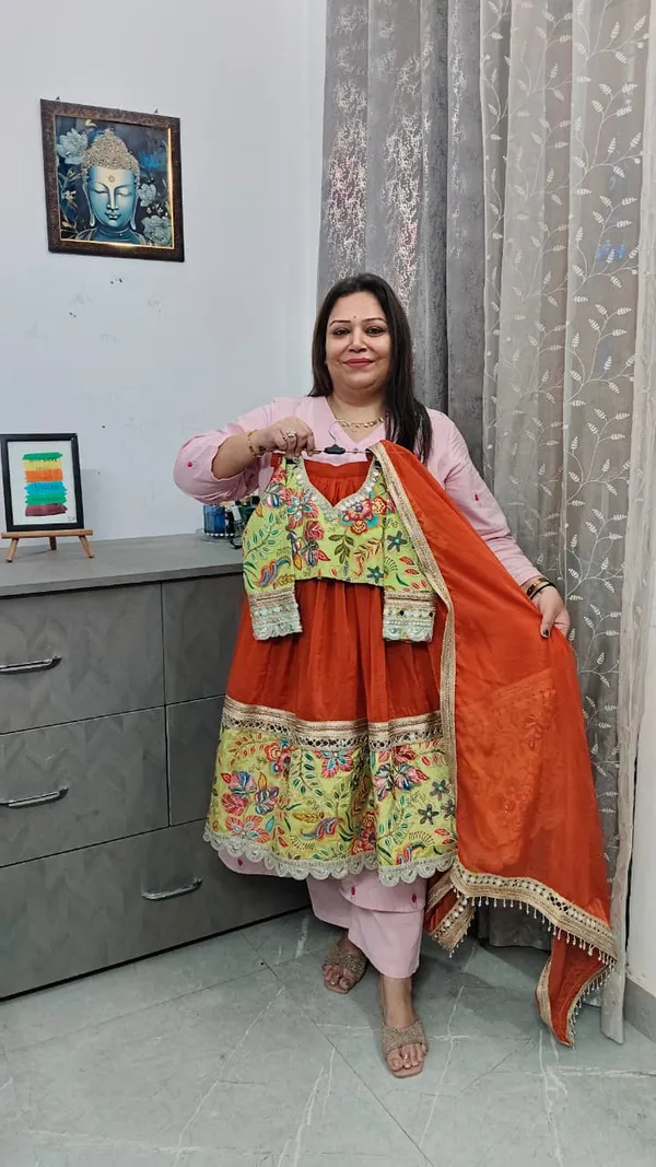 Orange_Crepe_Mirror_Cutwork_Lehenga_Set_For_Kids