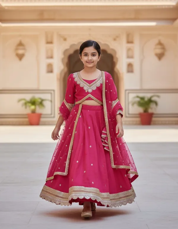 Red_Chanderi_Embroidered_Lehenga_Set_For_Kids