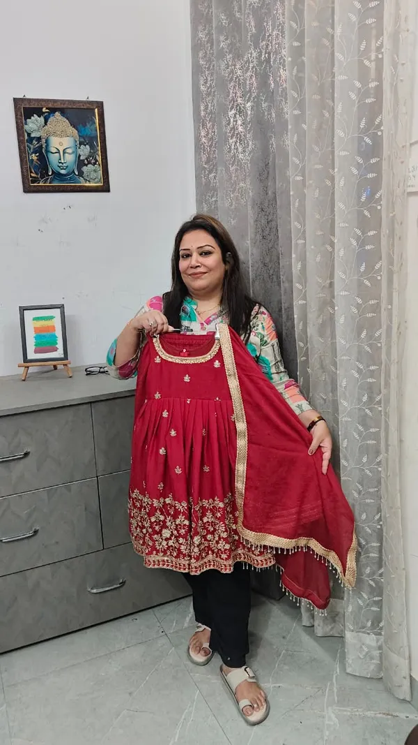 Maroon_Silk_Handwork_Frock_Sharara_Set_For_Kids
