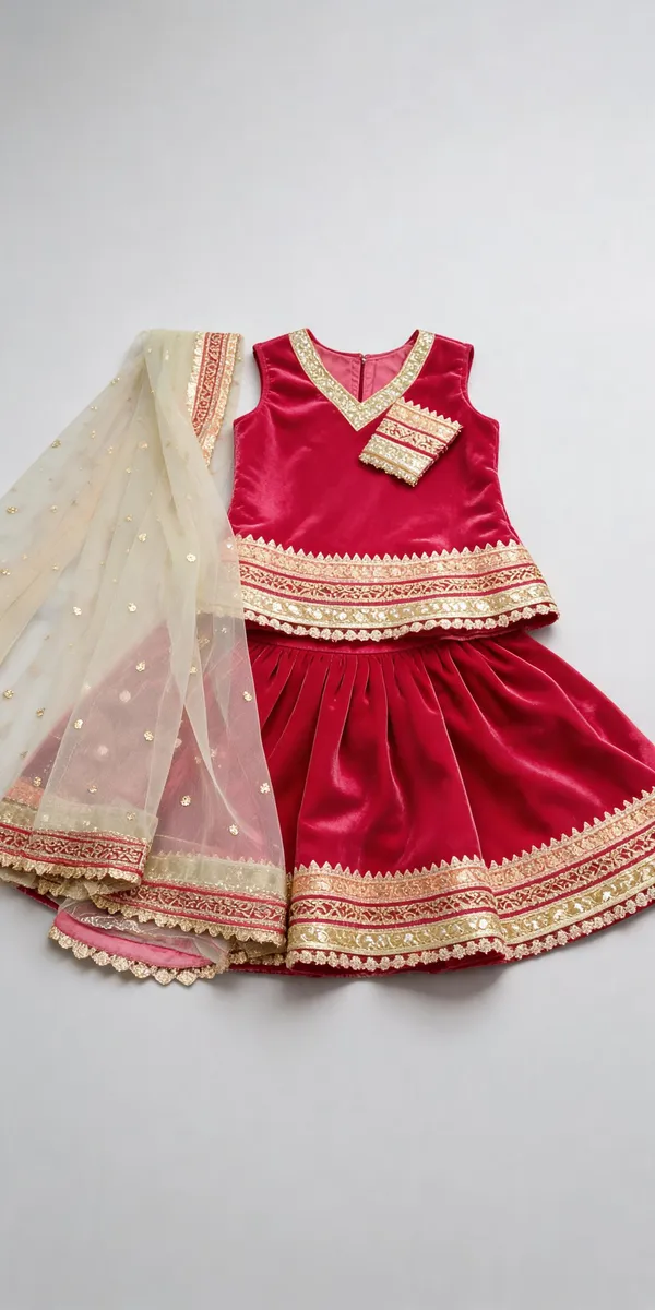 Magenta_Pink_Velvet_Handwork_Lehenga_For_Kids