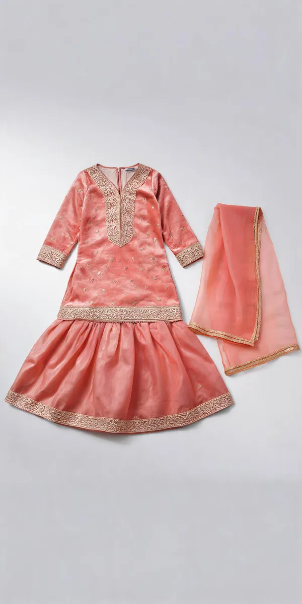 Peach_Satin_Silk_Embroidered_Gharara_Set_For_Kids