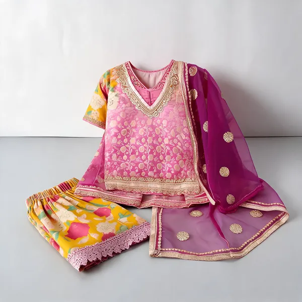 Mehendi_Green_Silk_Banarsi_Patiala_Suit_Set_For_Kids
