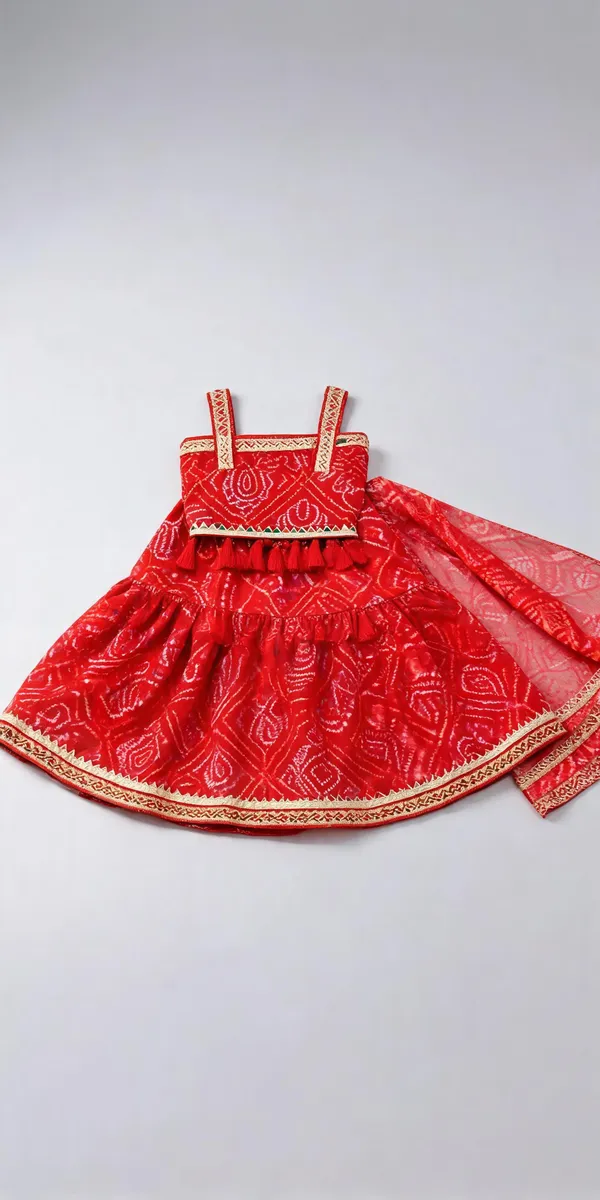 Red_Silk_Bandhani_Print_Draping_Lehenga_Dress_For_Kids