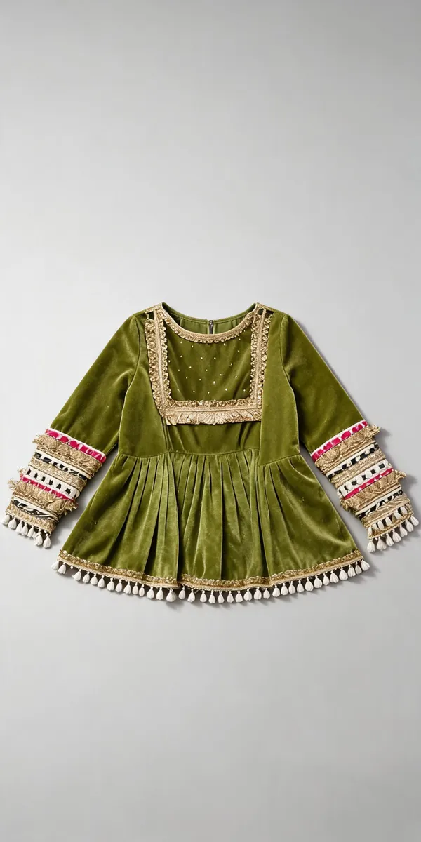 Mehndi_Green_Rani_Velvet_Kaudi_Embroidered_Dress_For_Kids