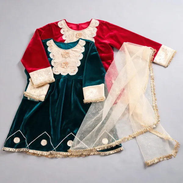 Green_Red_Velvet_Banarasi_Gota_Work_Suit_Set_For_Kids