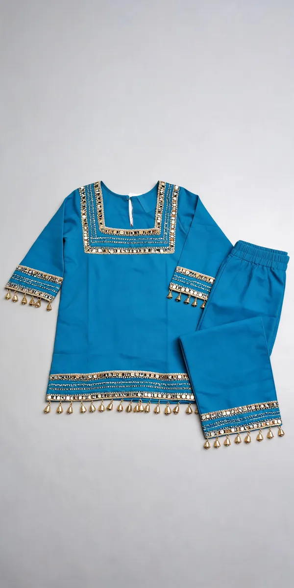 Firozi_Cotton_Mirror_Work_Kurta_Pant_Suit_Set_For_Kids