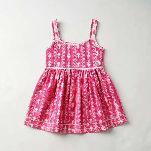 Pink_Cotton_Katha_Weave_Strap_Kurta_Dress_For_Kids