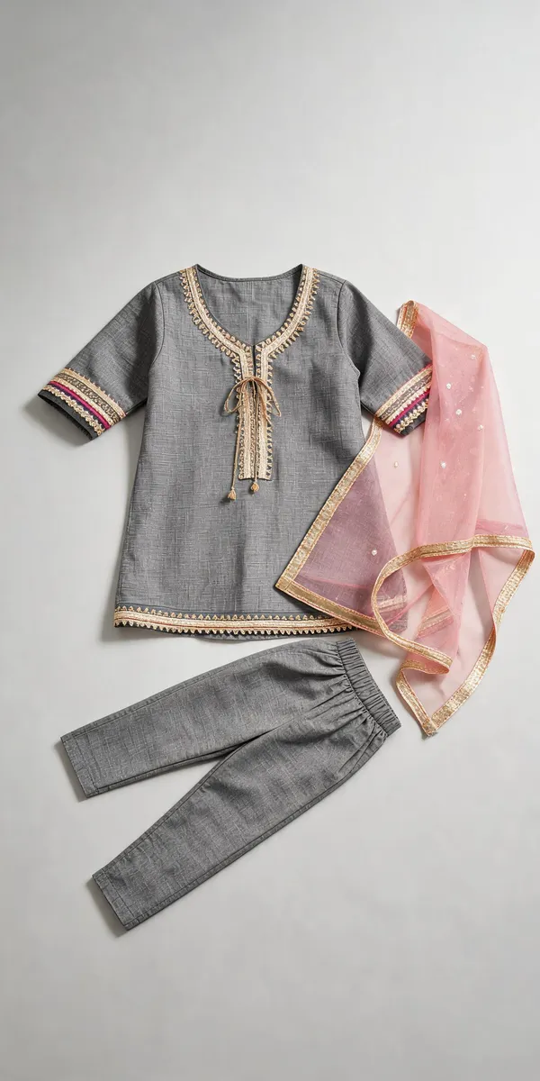 Grey_Pure_Cotton_Katha_Weave_Afgani_Suit_Set_For_Kids