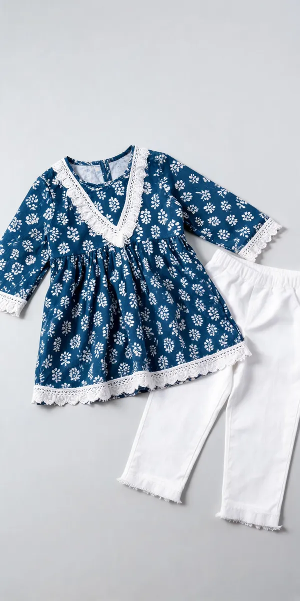 Blue_Cotton_Chikan_Lace_Frock_Suit_For_Kids