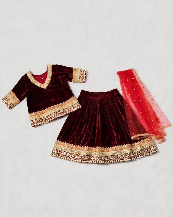 Maroon_Velvet_Handwork_Lehenga_For_Kids