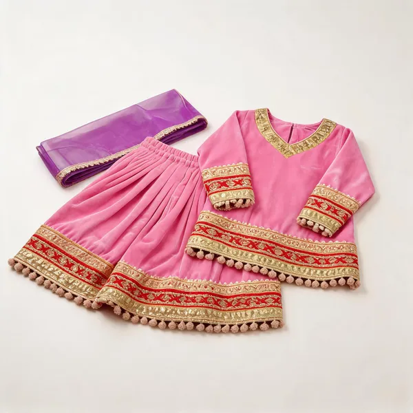 Light_Pink_Velvet_Handwork_Lehenga_For_Kids