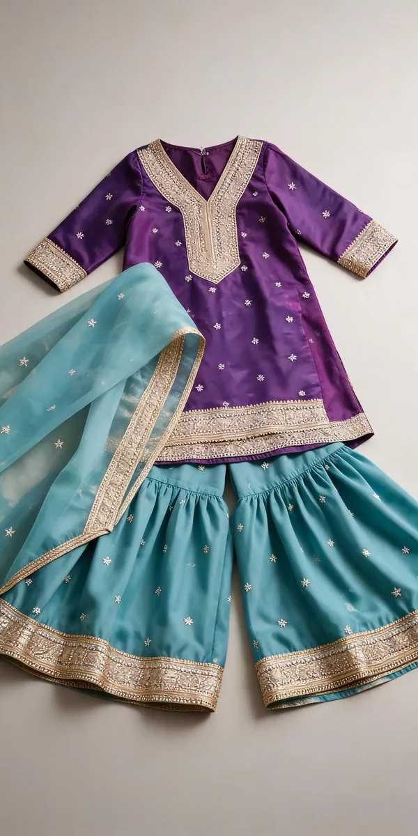 Violet_Sea_Green_Satin_Silk_Gharara_Set_For_Kids