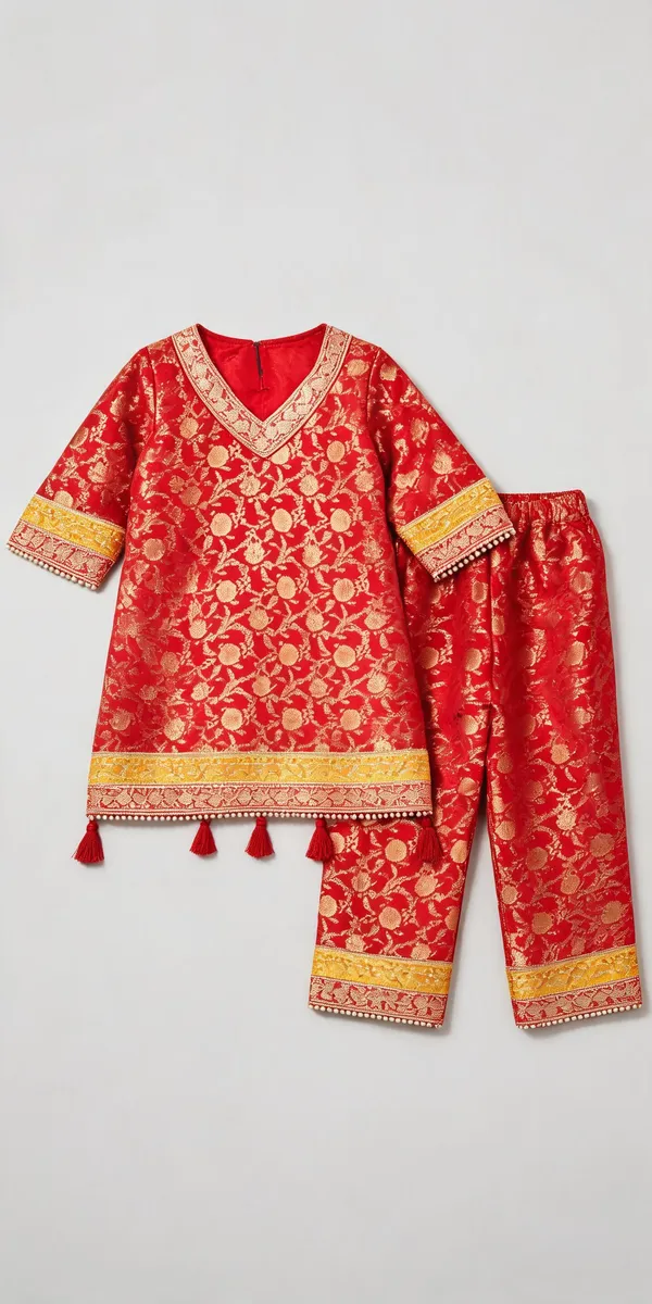 Yellow_Banarasi_Knee-Length_Co-Ord_Set_For_Kids