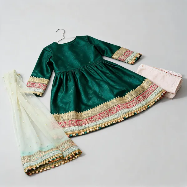 Bottle_Green_Silk_Embroidered_Frock_Suit_For_Kids