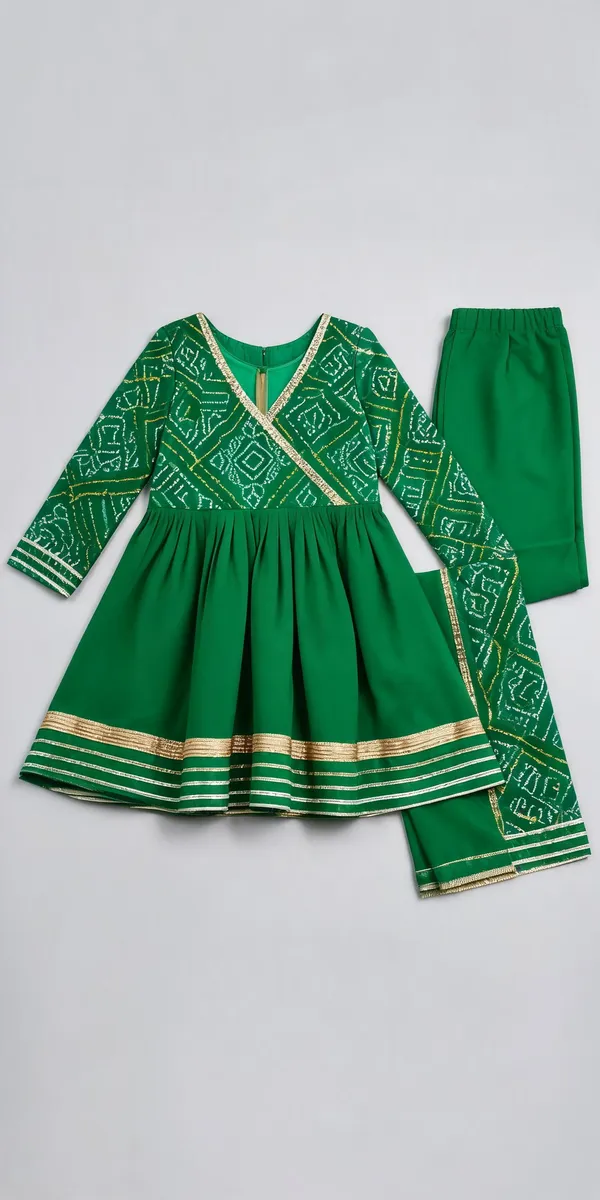 Green_Silk_Bandhani_Frock_Suit_For_Kids
