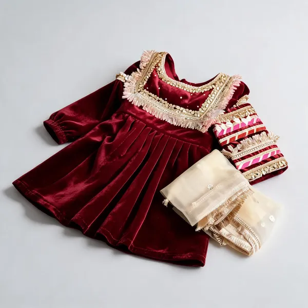 Maroon_Velvet_Kaudi_Embroidered_Dress_For_Kids
