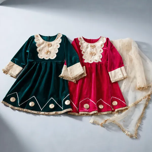 Green_Pink_Velvet_Banarasi_Suit_Set_For_Kids