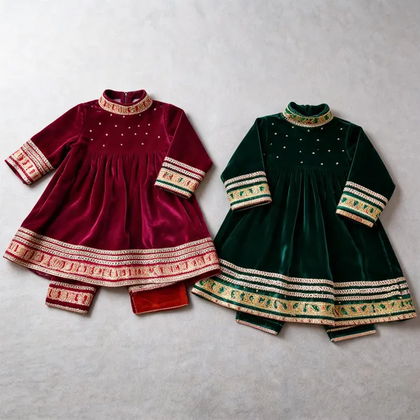 Bottle_Green_Red_Velvet_Frock_Suit_For_Kids