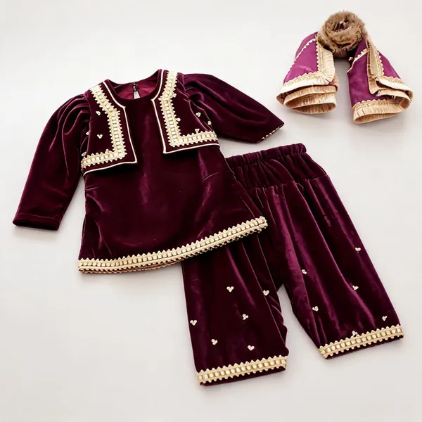 Mustard_Yellow_Velvet_Jacket_Salwar_Suit_Set_For_Kids