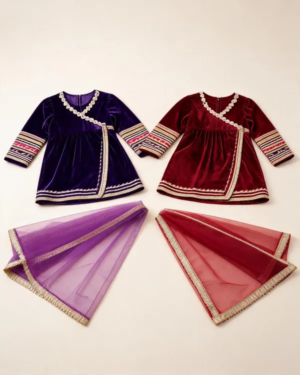 Rani_Blue_Velvet_Gota_Work_Angrakha_Suit_Set_For_Kids