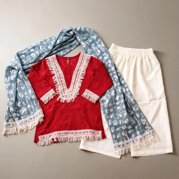 Red_Pure_Cotton_Katha_Weave_Afgani_Suit_Set_For_Kids