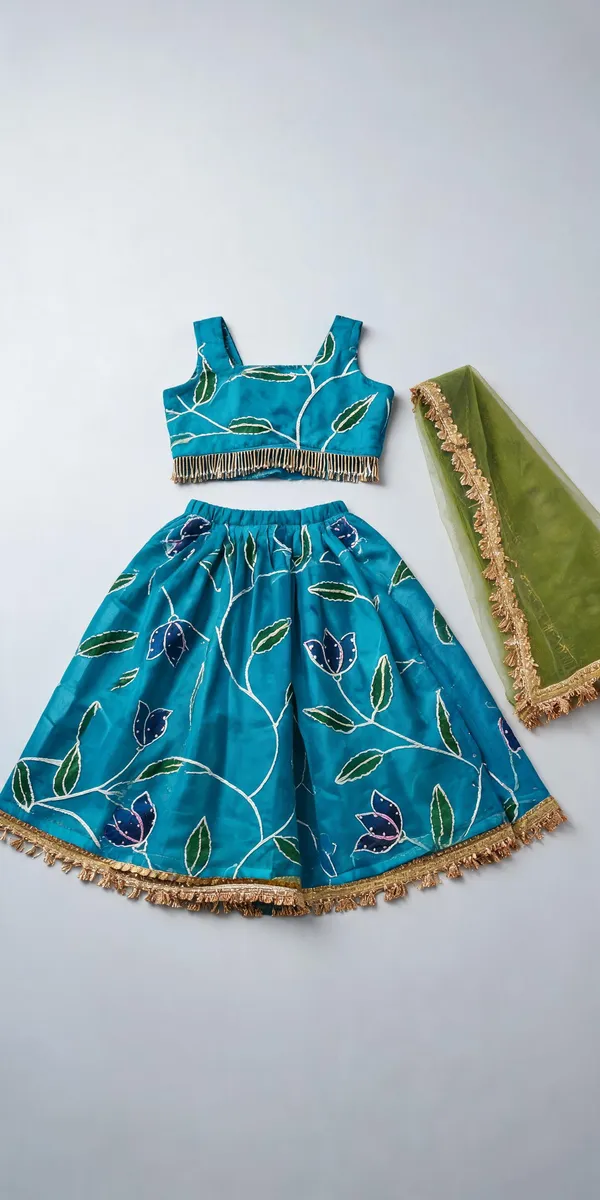 Firozi_Organza_Hand_Painted_Gota_Work_Lehenga_Set_For_Kids