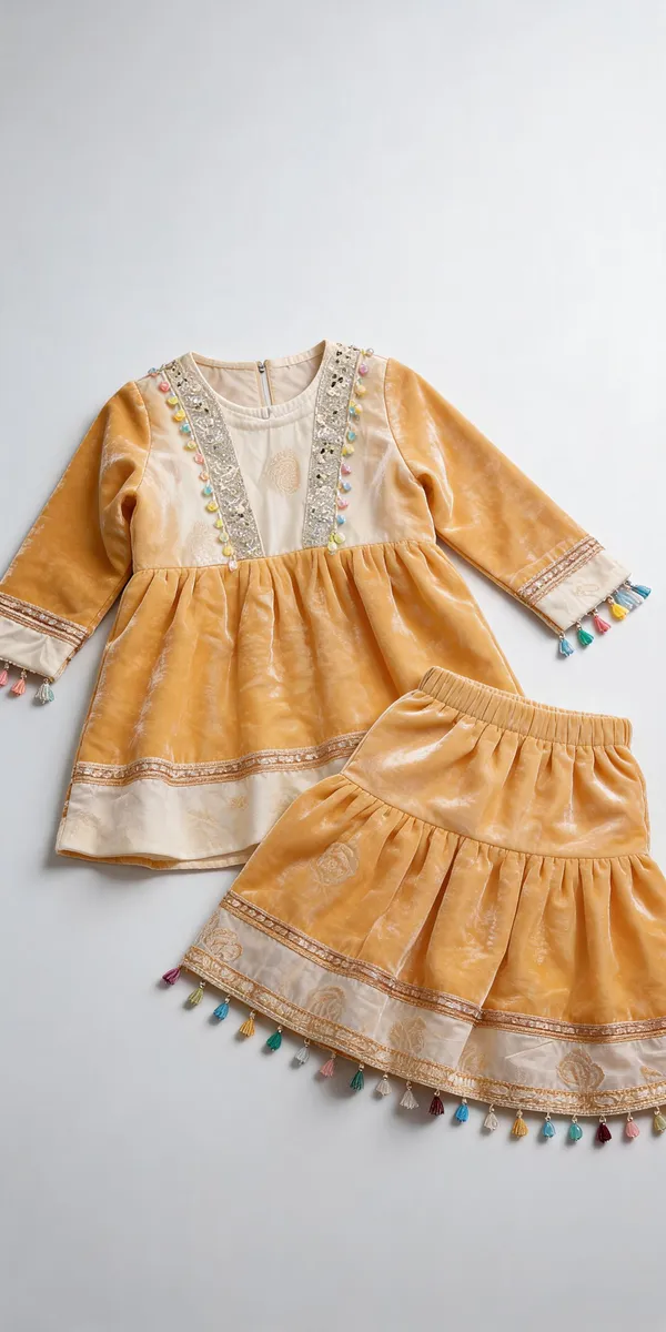 Rust_Yellow_Silk_Handwork_Gharara_Set_For_Kids
