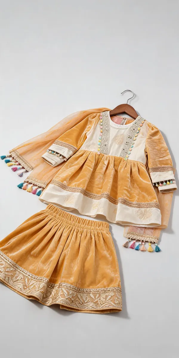 Yellow_Brown_Silk_Handwork_Gharara_Set_For_Kids
