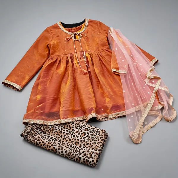 Orange_Silk_Gota_Kundan_Work_Frock_Suit_For_Kids