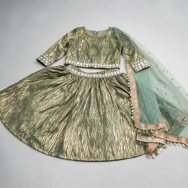 Green_Shimor_Self_Print_Mirror_Work_Lehenga_Set_For_Kids