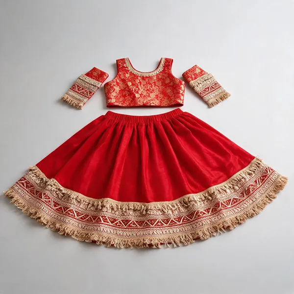 Cherry_Red_Silk_Lace_Work_Lehenga_Set_For_Kids