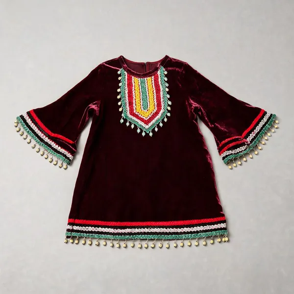 Maroon_Velvet_A-Line_Bell_Sleeve_Dress_For_Kids