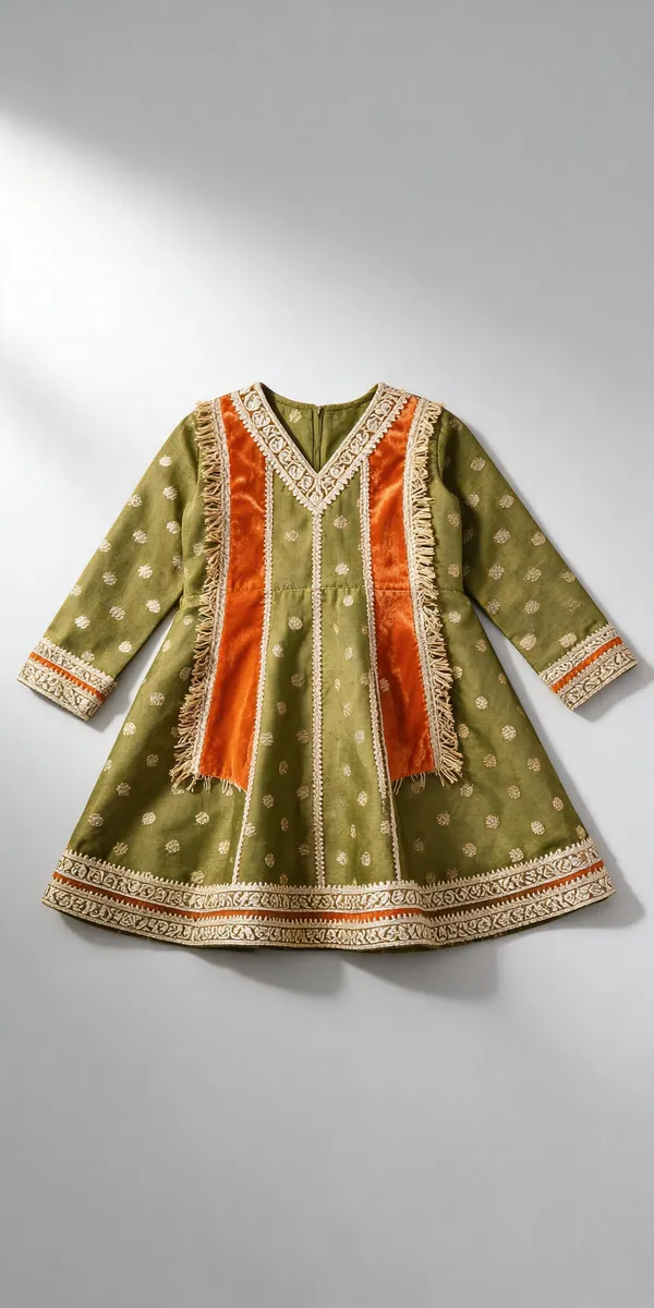 Green_Orange_Banarasi_A-Line_Frock_Suit_For_Kids